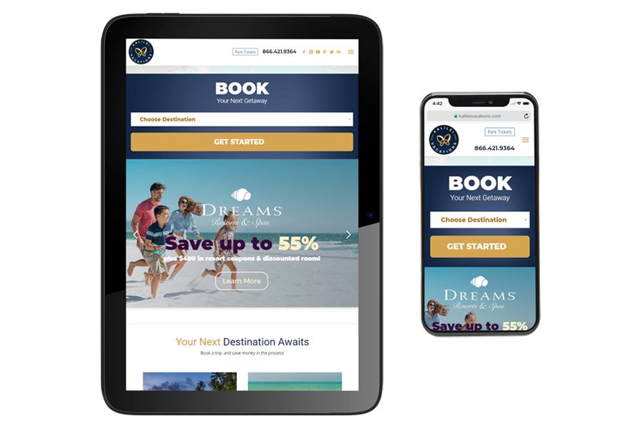 Kalilei Vacations website tablet and mobile view