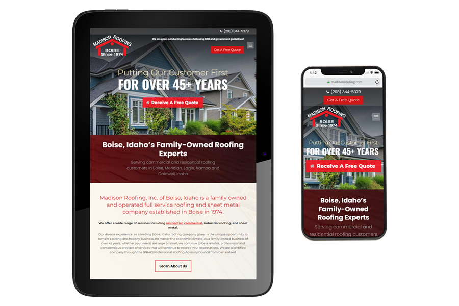 Madison Roofing website tablet and mobile view